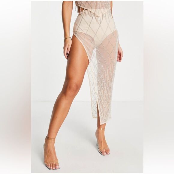 ASOS design Diamanté Side Slit Mesh Midi Skirt NWT - Picture 1 of 7
